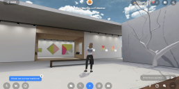 an avatar figure stands in a virtual gallery with an exhibition of Trudie Moore paintings at different scales the gallery is available in an Oculus headset or on the computer