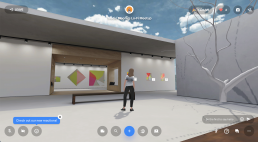 an avatar figure stands in a virtual gallery with an exhibition of Trudie Moore paintings at different scales the gallery is available in an Oculus headset or on the computer